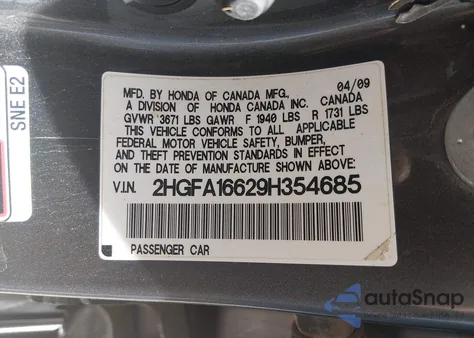 2009 Honda Civic Lx-S из США, поврежденный, VIN 2HGFA16629H354685